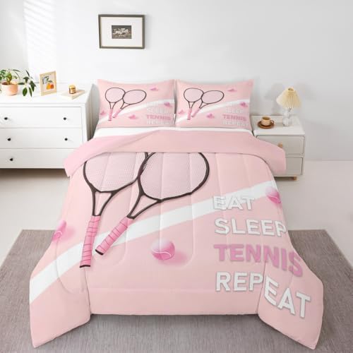 Castle Fairy Tennis Comforter Set King Size Fashion Sports Ball Game Bedding Set Bedroom Decor Girly Pink Style Quilt Set for Kids Boys Girls Tennis Racket Duvet Insert 3Pcs
