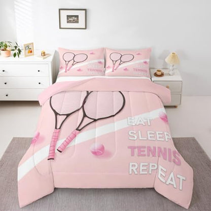 Castle Fairy Tennis Comforter Set Queen Size Fashion Sports Ball Game Bedding Set Bedroom Decor Girly Pink Style Quilt Set for Kids Boys Girls Tennis Racket Duvet Insert 3Pcs