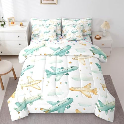 Erosebridal Colorful Aircraft King Size Comforter Set with Sheets for Boys, Cartoon Airplane 7 Pcs Bedding Set, Star White Cloud Bed in A Bag, Dreamy Aviation Theme Bed Sets for Kids Girls Adults