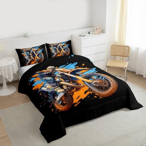 Feelyou Dirt Bike Bedding Set Soft for Boys Girls, Racing Motocross Rider Comforter Set Queen Size Extreme Sports Duvet Quilt Microfiber Motorcycle Bedroom Decor Motorbike 3 Pcs with 2 Pillow Cases