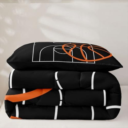 Homewish Basketball Comforter Set Sports Theme Bedding Set for Kids Girls Women Adults Basketball Court Comforter Black and Orange Quilted Duvet Set Bedroom Collection Twin Size 2Pcs