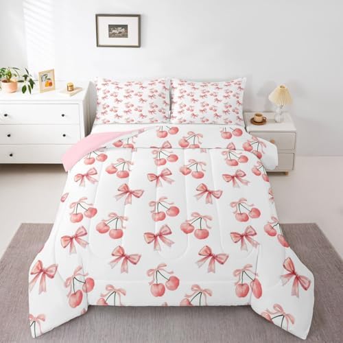 jejeloiu Watercolor Bow Kids Comforter Set King Size Lovely Pink Cherry Bedding Set Dreamy Princess Style Duvet Quilt for Kids Boys Girls Bedroom Decor Microfiber Ultra Soft Breathable