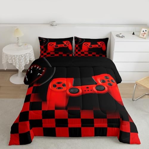 Gamer Comforter Set for Boys Teen Gaming Bedding Set Video Game Controller Home Decor for Men Child Buffalo Plaid Check Down Comforter Full Size 3 Pcs Duvet Set with 2 Pillow Shams,Black Red Geometric