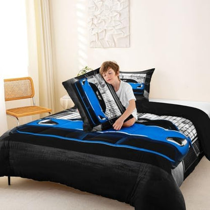 Feelyou Boys Blue Race Car Comforter Set Toddler Size Blue Luxury Car Bedding Set for Kids Boys Girls Extreme Sports Duvet Quilt Fast and Furious Bedroom Decor 2 Pcs with 1 Pillow Cases