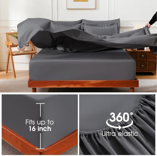 FreshCulture Comforter Set Seersucker 7 Pieces, All Season Bedding Set Queen, Bed in a Bag Comforter Set with 1 Comforter, 1 Flat Sheet, 1 Fitted Sheet, 2 Pillowcases and 2 Pillow Shams, Dark Grey