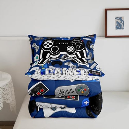 Homewish Cartoon Gamepad Bedding Set King Size,Video Games Comforter Set 3Pcs for Kids Teens Boys Girls Room Decor,Navy Blue Gaming Board Quilted Duvet Modern Fashion Down Comforter,2 Pillowcases
