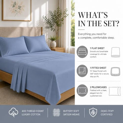 15" Deep Pocket King Sheet Set, 400 TC Sheets for King Size Bed-French Blue
