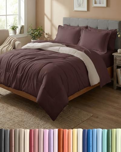 King Comforter Set - 7 Piece Reversible Bed in a Bag King - Brown/Beige