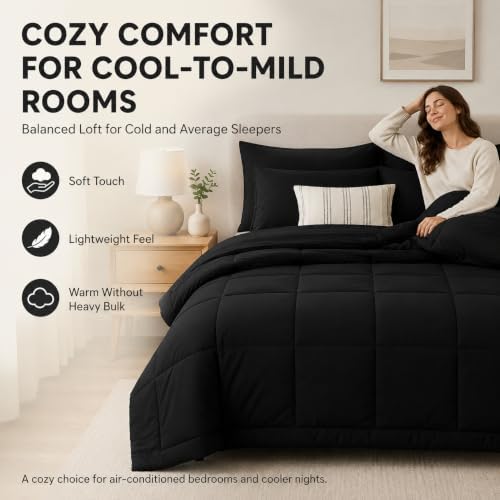 CozyLux Super King Comforter Set Black - 7 Pieces Bed in a Bag