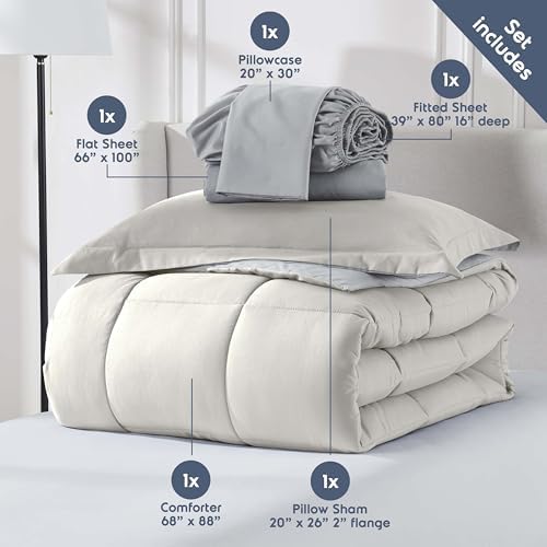 Nestl 7 Piece Twin XL Comforter Set – Off White Reversible Bed in a Bag – Complete Twin XL Size Bedding Set with Sheets, Set of 2 Down Alternative Pillows, Pillowcase and Sham