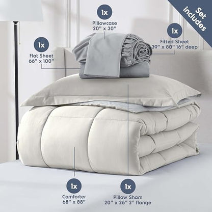 Nestl 7 Piece Twin XL Comforter Set – Off White Reversible Bed in a Bag – Complete Twin XL Size Bedding Set with Sheets, Set of 2 Down Alternative Pillows, Pillowcase and Sham