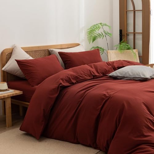 BESTOUCH Cotton Solid Duvet Cover Set Fired Brick Red Super King Plus