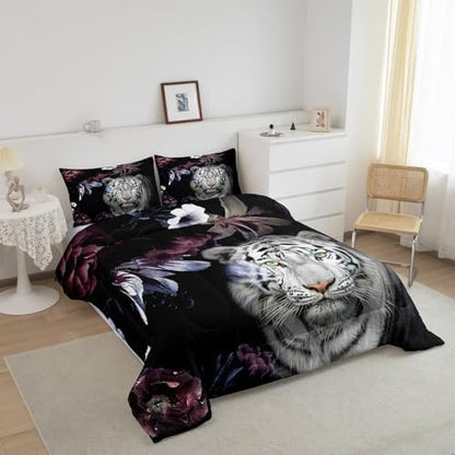 Castle Fairy White Tiger Comforter Set Full,Colorful Flowers Plants Bedding Set for Kids Teens Woman Adults Room Decor,3D Wild Animals Nature Quilt Set Ultra Soft Down Comforter,2 Pillowcases,Black