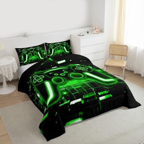 Erosebridal Gaming Comforter Set Gamer Girl Toddler Bedding Set, Neon Lights Retro Game Console Comforter Green Brick Cube Quilt,Game Room Decor