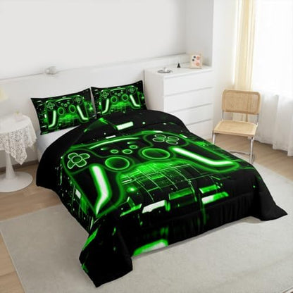 Erosebridal Gaming Comforter Set Gamer King Bedding Set, Neon Lights Retro Game Console Comforter Green Brick Cube Duvet Insert,Game Room Decor