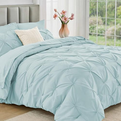 JOLLYVOGUE Queen Comforter Set 7 Pieces - Bed in a Bag Queen for All Season, Pintuck Bedding Comforter Sets with Comforter, Flat Sheet, Fitted Sheet and Pillowcases & Shams, Light Blue