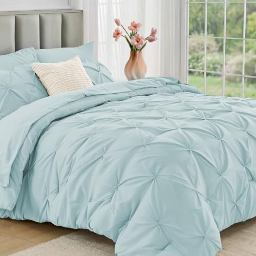 JOLLYVOGUE Oversized King Size Comforter Set 7 Pieces - Bed in a Bag Oversized King for All Season, Pintuck Bedding Sets with Comforter, Flat Sheet, Fitted Sheet and Pillowcases & Shams, Light Blue