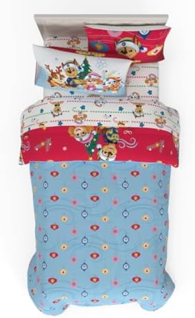 PAW Patrol Holiday & Christmas Kids Bedding Soft Comforter and Sheet Set with Sham, 5 Piece Twin Size, (Officially Licensed Product) By Franco
