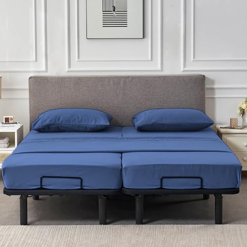 Kingnex Split Queen Sheets for Adjustable Bed Soft 1800 Microfiber 5 Pieces Include 2 30x80 Fitted Sheets 1 Flat Sheet 2 Queen Size Pillowcases Navy