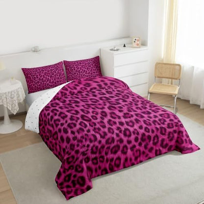 jejeloiu Pink Leopard Comforter Set Queen Size Animal Skin Bedding Set for Kids Boys Girls Animal Print Duvet Quilt Bedroom Decor Microfiber 3 Pcs with 2 Pillow Cases