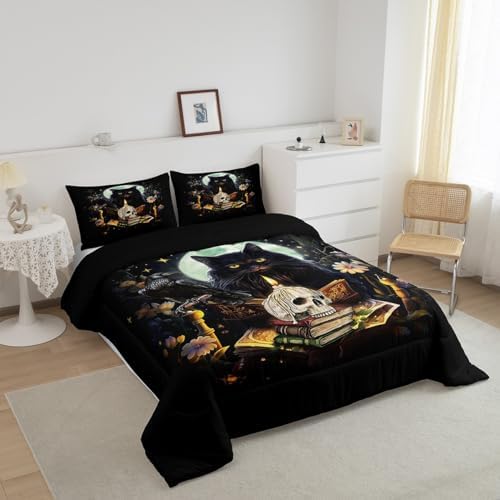 Kids Cat Comforter Set,Sugar Skull Crow and Daisy Flower Garden Quilt Set for Teens Girls Boys Adult Bedroom Decor,Black Pet Cat Plants Bedding Set Moon Night Stars Print Duvet Insert 3Pcs