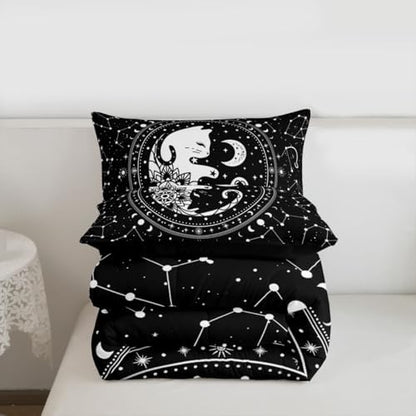 Black White Cat Comforter Set Queen,Gothic Star Sky Moon Constellation Bedding Set 3pcs for Kids Teens Boy Girls Room Decor,Animals Flower Plants Quilt Set Exotic Gothic Duvet Insert,2 Pillowcases