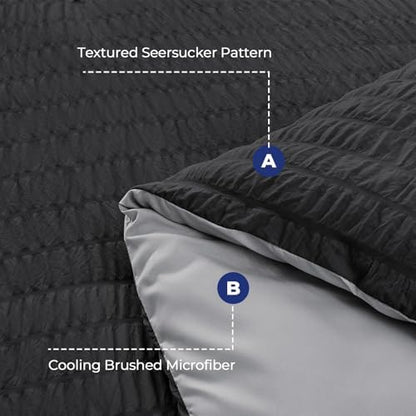 HYMOKEGE Black/Light Grey King Size Comforter Set Seersucker 7 Pieces, All Season Luxury Bed in a Bag for Bedroom, Bedding Set with Comforter, Sheets, Pillowcases & Shams