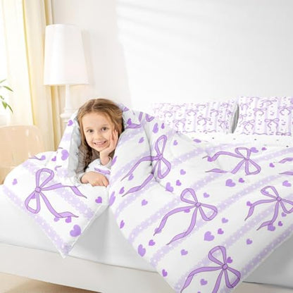 Castle Fairy Purple Bowknot Comforter Set Full Size,Dreamy Princess Style Duvet Sets for Kids Girly Teens Adults Bedroom Decor,Sweet Heart Print Purple Ribbon Ultra Soft Bedding Comforter,3 Pcs