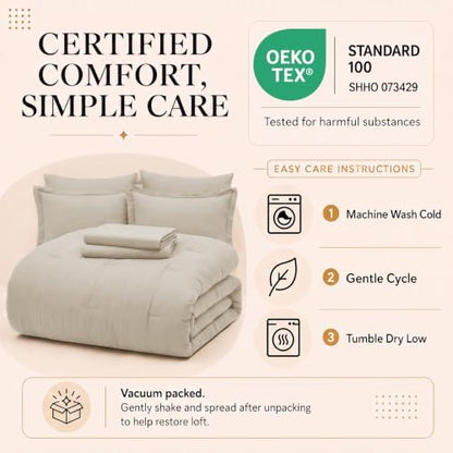 CozyLux King Size Comforter Set Beige, 7 Pieces Bed in a Bag