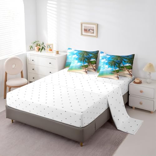 Erosebridal Ocean Beach King Size Comforter Set, Palm Trees 7-Piece Bed in A Bag, Coastal Nature Theme Sheets and Pillowcases, Hawaiian Kids Boys Men Women Bedding Set Room Decor