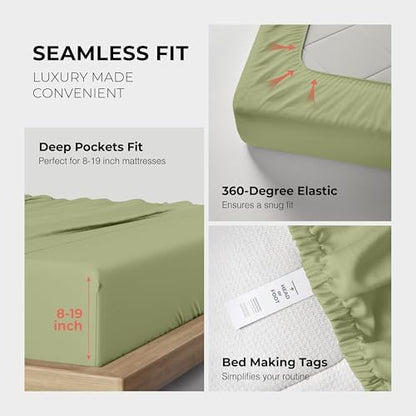 THREAD SPREAD 100% Egyptian Cotton Sheets California King Size - 1200 Series Plush Collection Cal King Size Sheets Set, 4 PC Luxury Bedsheet (Sage Green), Soft, Cooling, 17" Deep Pocket Bedsheet Set