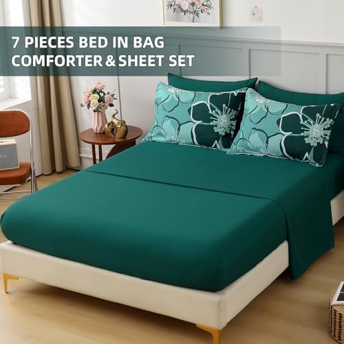 Anibedding 7Pieces Dark Green Floral Comforter Set Queen Size, Soft Microfiber Green Bed in a Bag Comforter Set with Sheets for All Season