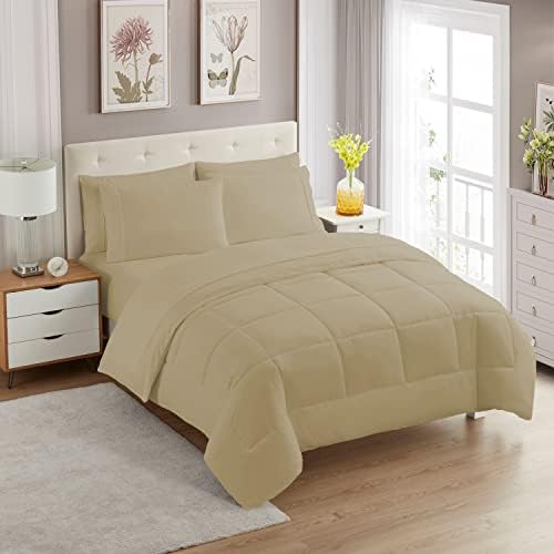 Sweet Home Collection 7 Piece Comforter Set Bag Solid Color All Season Soft Down Alternative Blanket & Luxurious Microfiber Bed Sheets, Taupe, Twin XL