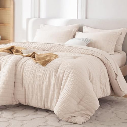MUXHOMO 7 Pieces Oversized Queen Comforter Set, Seersucker Bed in a Bag Oversized Queen Size, All Season Luxury Bedding Set with Comforter, Flat Sheet, Fitted Sheet, Pillowcases & Shams, Beige