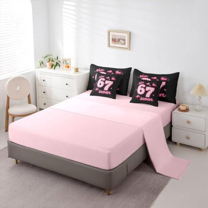 Erosebridal Pink Plaid 67 Girls King Bedding Set 7 Piece Cute Kawaii Princess Bed in A Bag with Sheets Romantic Coquette Comforter Set for Kids Teen Women,Girly Fashion Number Print Bed Set