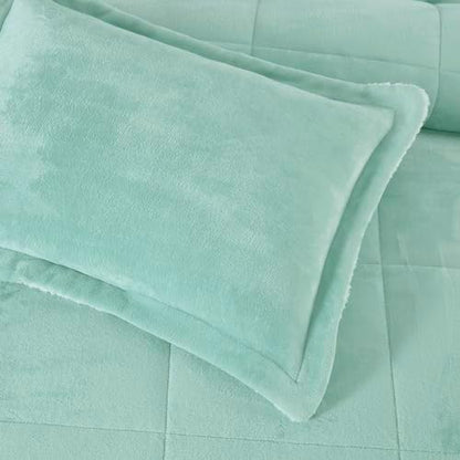 Chezmoi Collection Ultra-Soft Micromink Sherpa Queen Size Comforter Set with 2 Pillow Shams - Aqua Reversible Plush Bedding Comforter 3-Piece Set Warm Winter Blanket