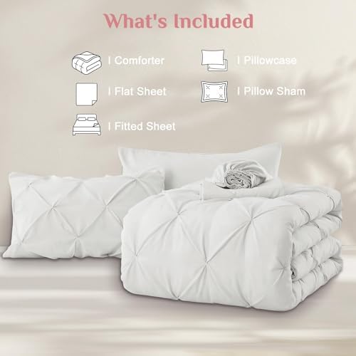 JOLLYVOGUE Twin Comforter Set 5 Pieces - Bed in a Bag Twin for All Season, Pintuck Bedding Comforter Sets with Comforter, Flat Sheet, Fitted Sheet and Pillowcases & Shams, White