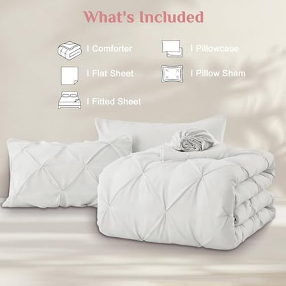 JOLLYVOGUE Twin Comforter Set 5 Pieces - Bed in a Bag Twin for All Season, Pintuck Bedding Comforter Sets with Comforter, Flat Sheet, Fitted Sheet and Pillowcases & Shams, White