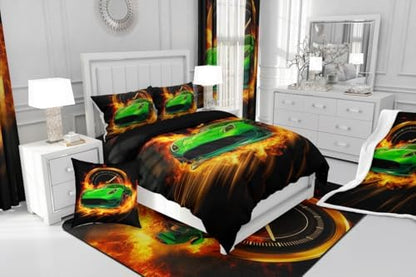 Erosebridal Queen Size Race Car Comforter Set for Boys Girls,Green Cars Toddler Bedding Set Race Car Room Decor for Boys,Kids Sports Car Bedding Sets Lightweight Soft Racing Car Quilt Bed Set 3Pcs