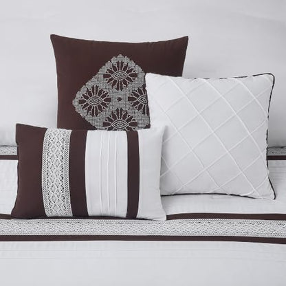 LANCO MODERN LIFESTYLE 7 Piece Comforter Set, Coffee White, Queen Size, Boho Style Geometric Microfiber Embroidery, Bed in a Bag with Bedskirt, Pillow Shams and Decor Pillows