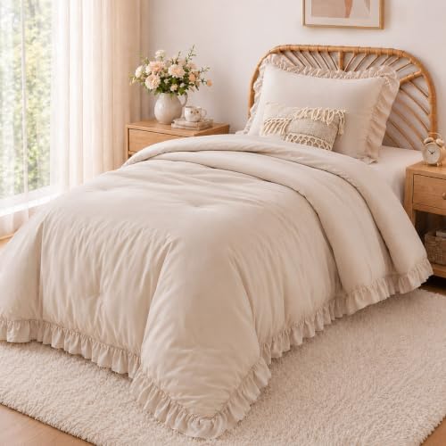 FUANNA Twin/Twin XL Comforter Set, Ruffle Bed Set, 2 PCS Bedding Set, Beige