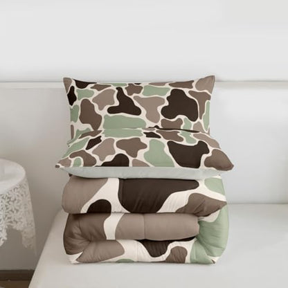 Feelyou Green Camo Bedding Set Soft for Boys Girls, Army Hunting Comforter Set Toddler Size Camouflage Duvet Quilt Microfiber Military Style Bedroom Decor 2 Pcs with 1 Pillow Cases