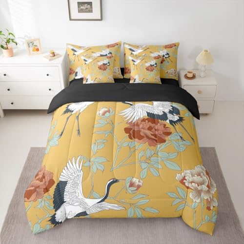 Erosebridal Red Crowned Crane Comforter Set Japanese Ukiyo-E Bed in A Bag King Size 7 Pieces Vintage Floral Bed Set Room Decor Red Leaves Branch Asian Culture Bedding with Sheets