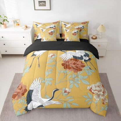 Erosebridal Red Crowned Crane Comforter Set Japanese Ukiyo-E Bed in A Bag King Size 7 Pieces Vintage Floral Bed Set Room Decor Red Leaves Branch Asian Culture Bedding with Sheets