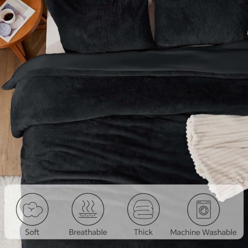 BEDELITE Faux Fur King Comforter Set Black,Warm Bedding with 2 Pilowcases