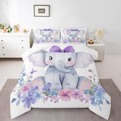Kids Elephant Bedding Set Cute Animal Comforter Set Queen For Girls Boys Kawaii Room Decor, Flower Branches Duvet Sets Cartoon Elephant With Floral Down Comforter With 2 Pillow Cases, Purple Blue