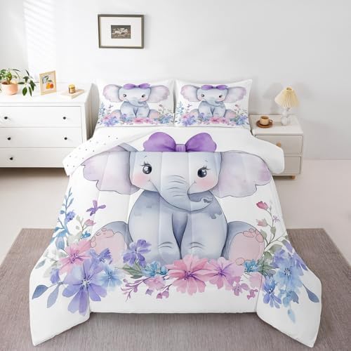 Kids Elephant Bedding Set Cute Animal Comforter Set Twin For Girls Boys Kawaii Room Decor, Flower Branches Duvet Sets Cartoon Elephant With Floral Down Comforter With 1 Pillow Case, Purple Blue