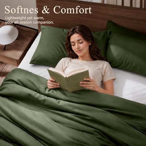 King Duvet Cover Set 3 Pieces, 100% Organic Viscose derived from Bamboo, Luxuriously Soft & Cooling, 1 Duvet Cover and 2 Pillowcases, 104" x 90"(King, Olive Green)