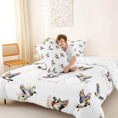 Feelyou Mallard Duck Comforter Set Queen Size Duck Hunt Bedding Set for Kids Boys Girls Wild Duck Hunting Duvet Quilt Wild Animal Bedroom Decor Microfiber 3 Pcs with 2 Pillow Cases
