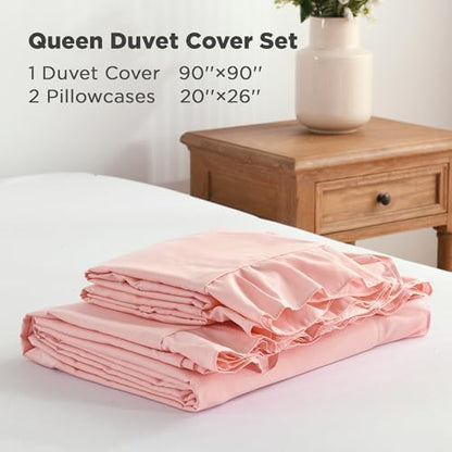 Andency Blush Ruffle Duvet Cover Queen, Shabby Chic Farmhouse Bedding Set